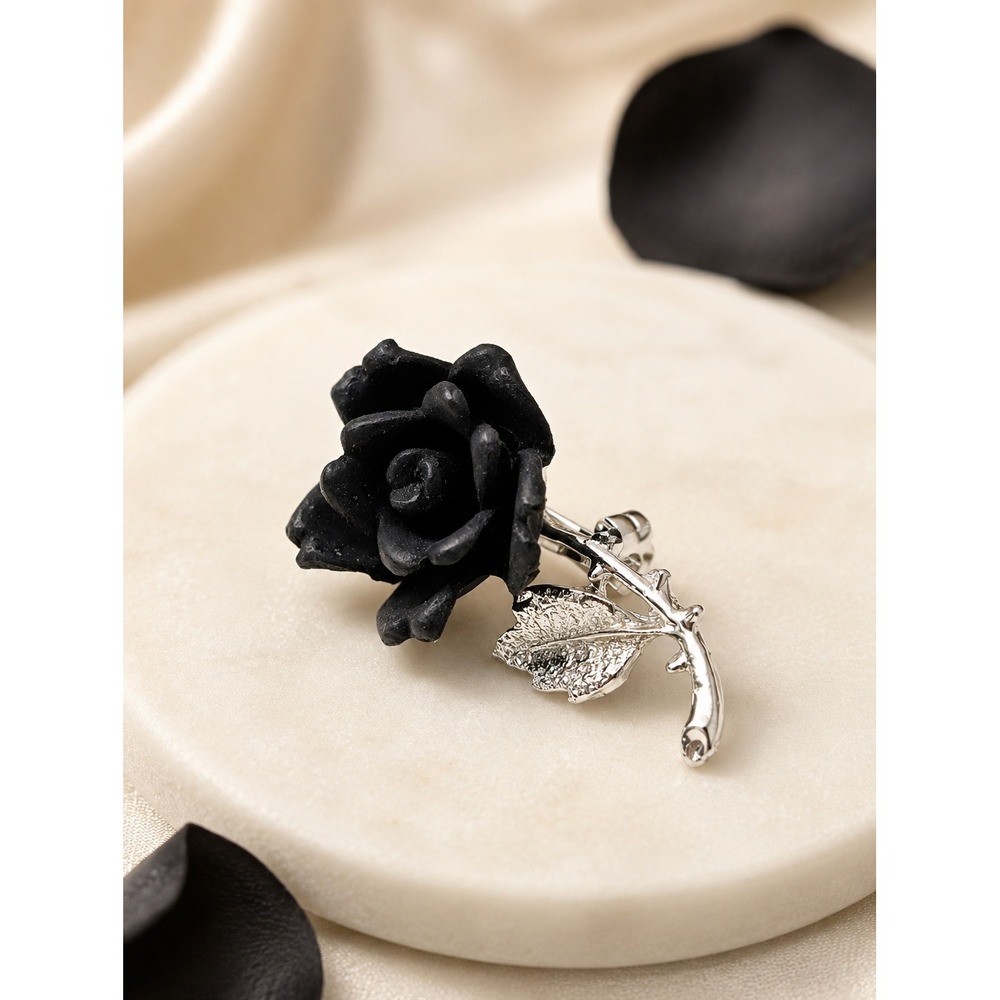 Vintage Black Rose Brooch Pin Silver Tone Stem Leaf Carved Resin Flower 1.5"
